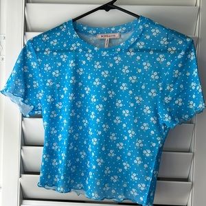 BCBG Mesh Blue Floral Top